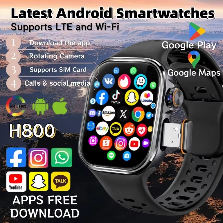 Smartwatch Watches For Women With Gps - H800 Androidスマートウォッチ。4G SIMカード、ビデオ通話、Wi-Fi、GPS、Bluetooth機能を搭載。2.06インチAMOLEDディスプレイ、心拍数モニター機能付き。男性・女性向け。