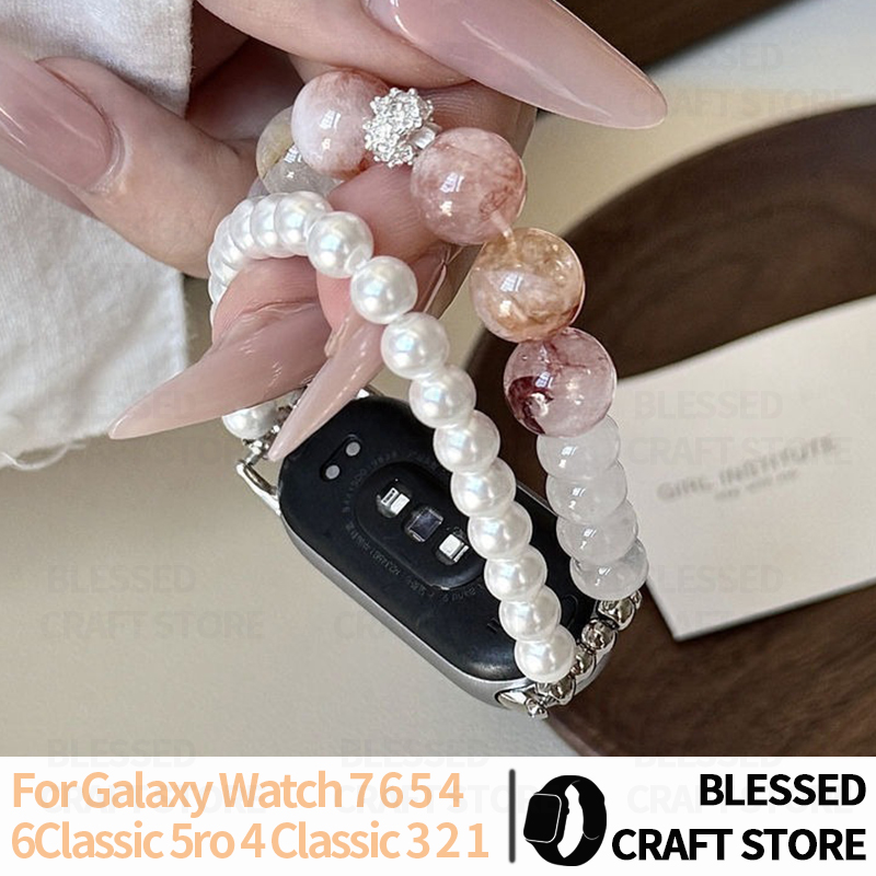 Smartwatch Vintage Watches For Women - サムスンギャラクシーウォッチ7654 FE用天然クリスタルパールブレスレット ヴィンテージ弾性ビーズバンド ボヘミアンスタイル 女性用スマートウォッチアクセサリー 20mm